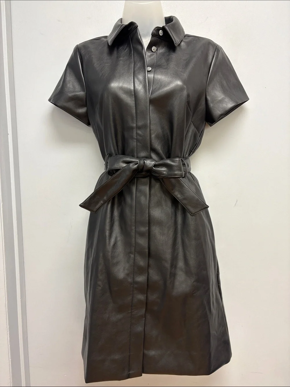 J. Crew Faux Leather Shirt Dress Black Belted Midi Dress Size 2 NWT